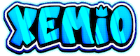 Logo tekstowe XEMIO w stylu Roblox z niebieskim, graficznym napisem i koroną nad literą i