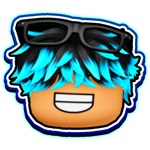 Logo Xemio z kreskówkową twarzą, czarno-niebieskimi włosami i okularami – styl Roblox