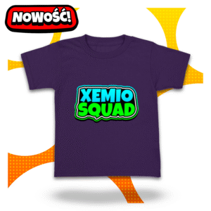 Fioletowa koszulka XEMIO SQUAD z neonowym napisem w stylu Roblox
