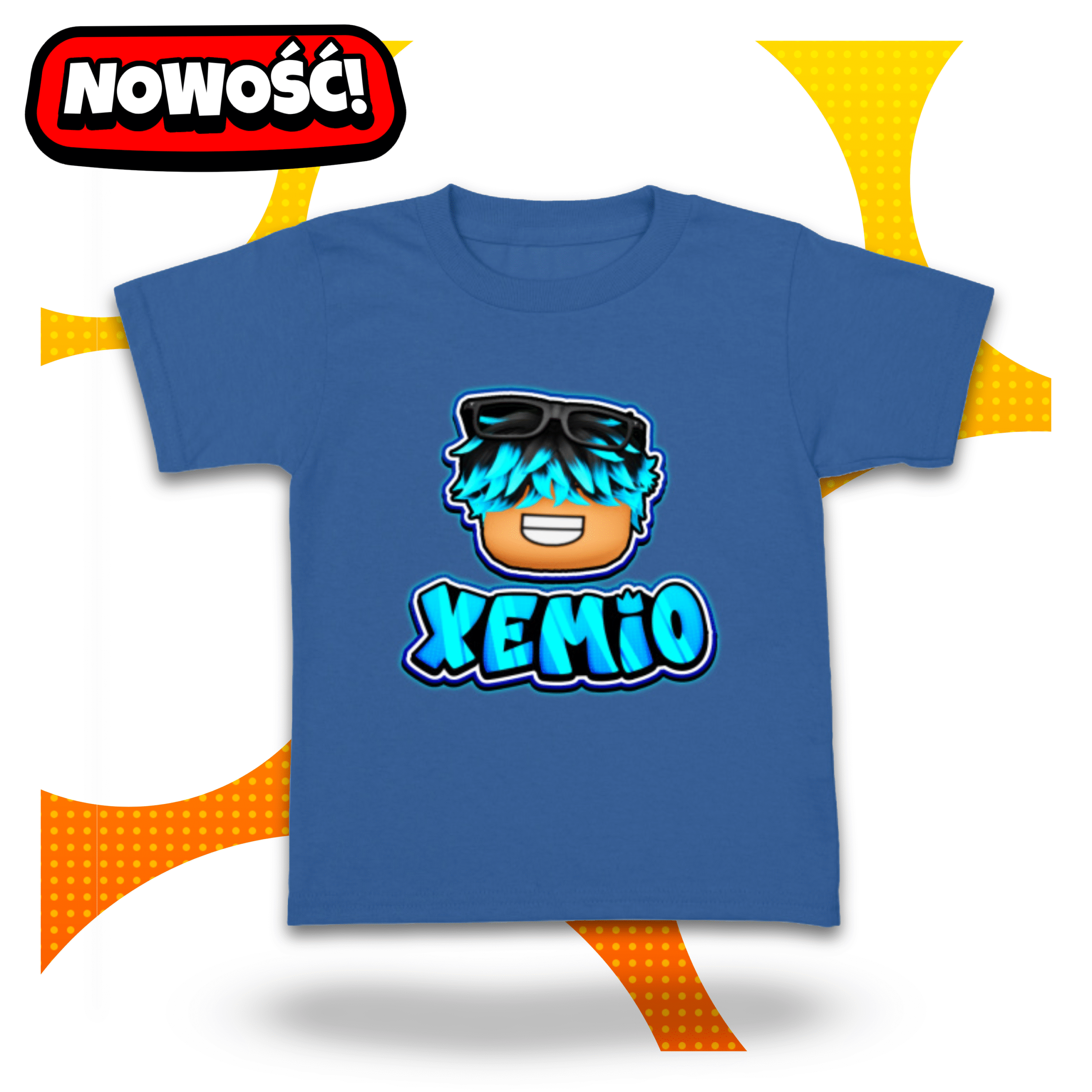 Niebieska koszulka XEMIO z nadrukiem głowy postaci w stylu Roblox i niebieskim logo