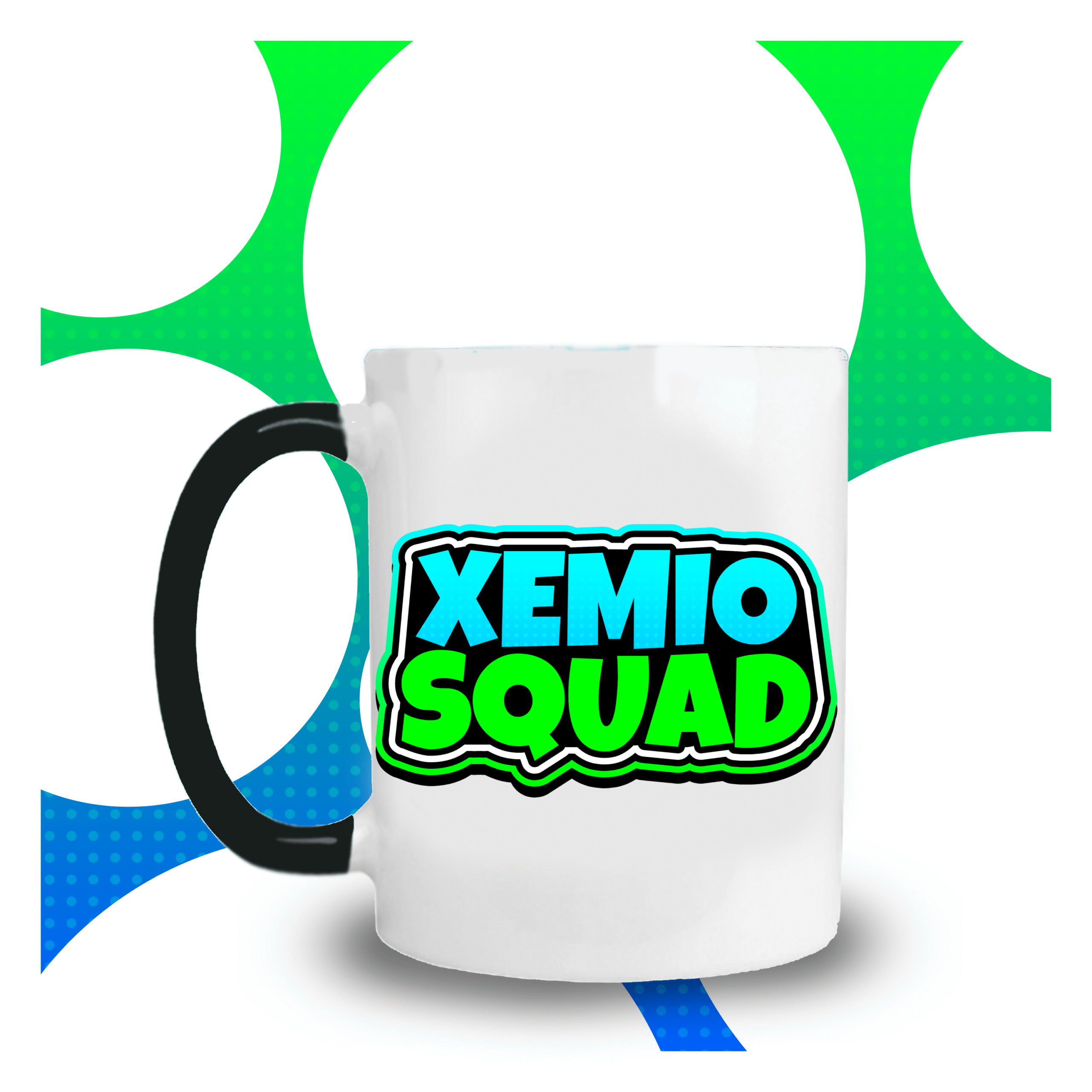 Magiczny kubek XEMIO SQUAD po zalaniu – styl Roblox z niebiesko-zielonym logo