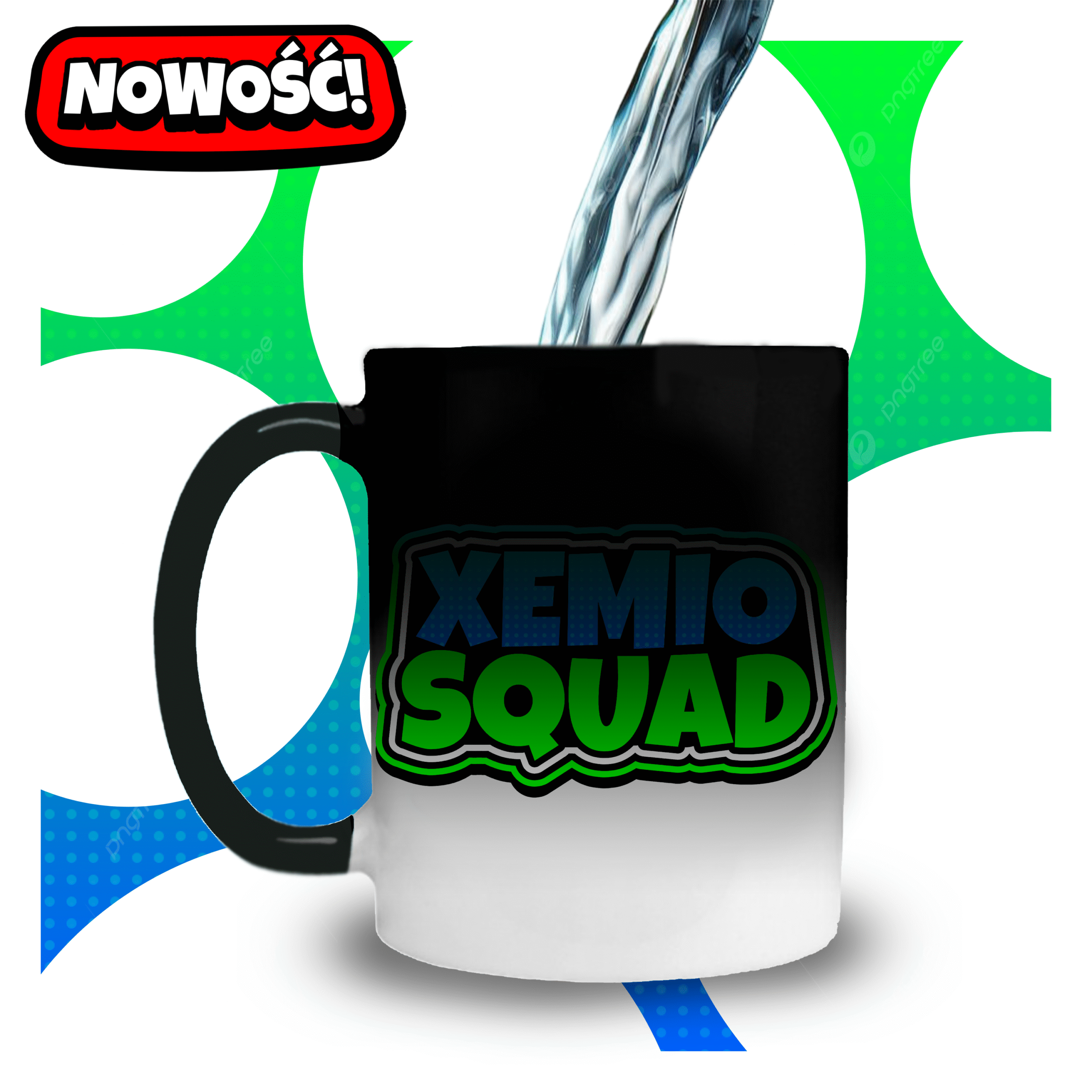 Magiczny kubek XEMIO SQUAD z efektem zmiany koloru pod wpływem ciepła – napis w stylu Roblox