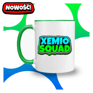 Kubek XEMIO SQUAD z napisem w stylu Roblox – niebiesko-zielony nadruk na białym tle z zielonym uchem